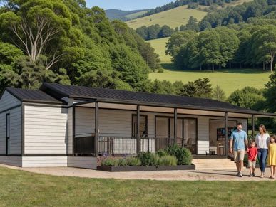 Modern modular home with family enjoying outdoors in scenic countryside.