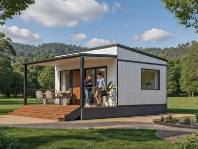 Modern tiny house with a porch in a green landscape.