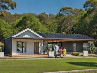 Modern single-story house with a family walking outside on a sunny day.