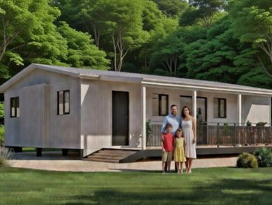 Family standing in front of a modern modular home surrounded by trees.