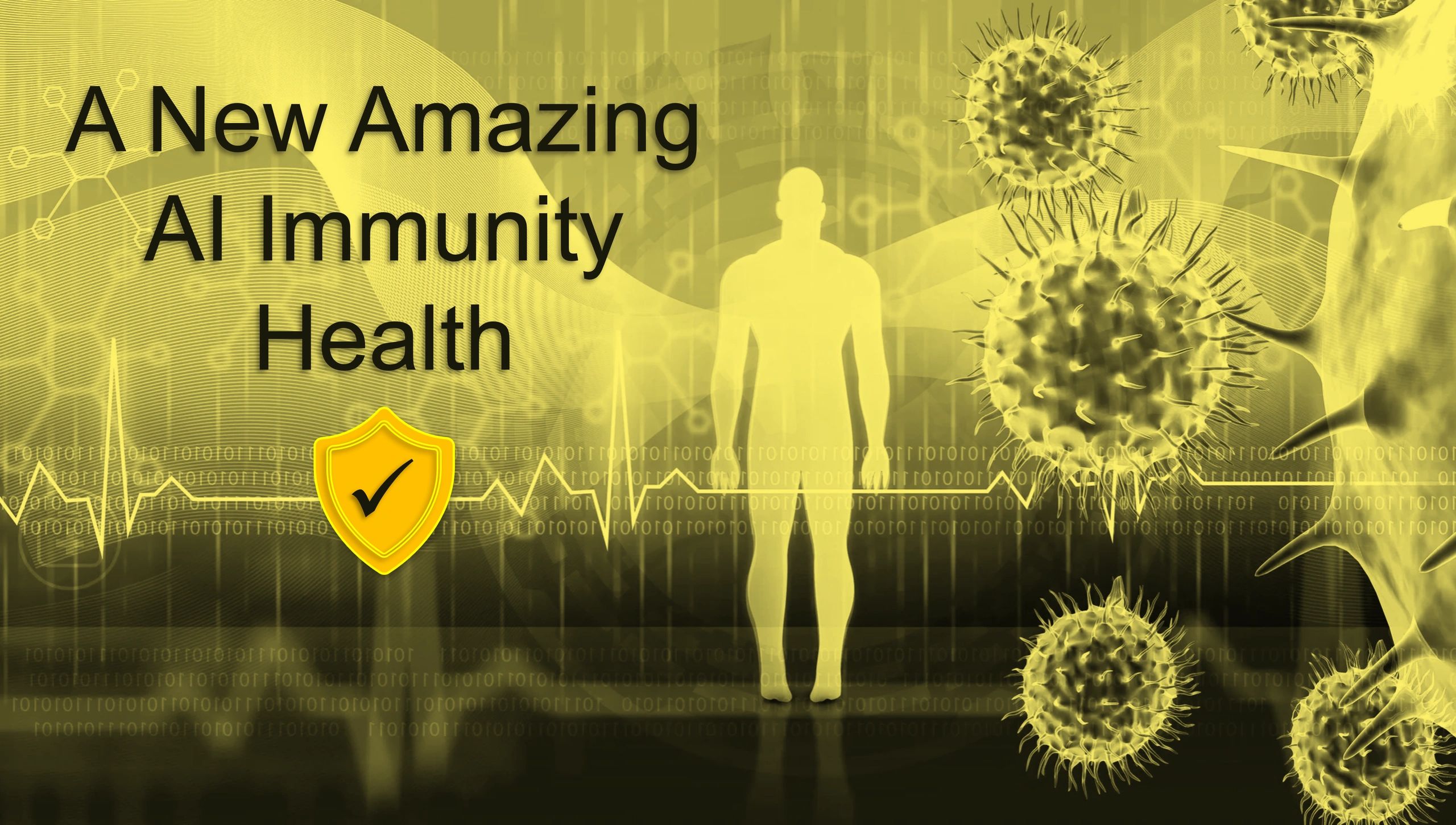 AI-powered immunity health concept with human silhouette and viruses.