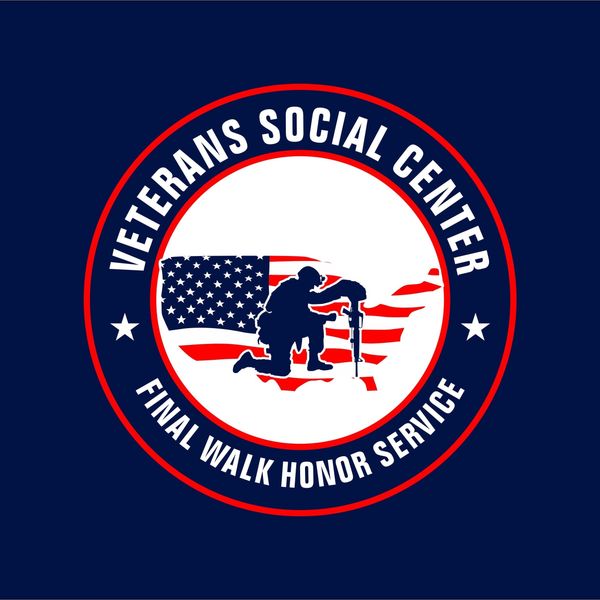 Logo of Veterans Social Center with a kneeling soldier and American flag.