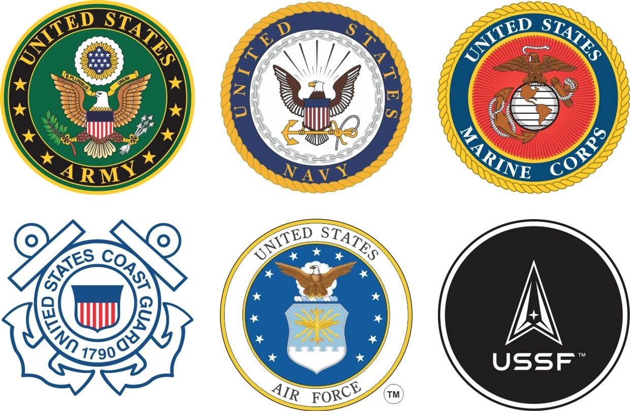 Emblems of six branches of the U.S. military including Army, Navy, Marine Corps, Coast Guard, Air Force, and Space Force.