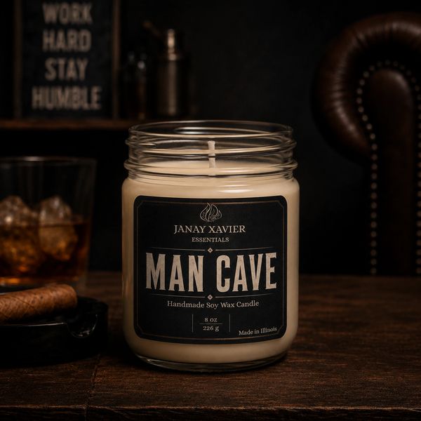 A soy wax candle labeled 'Man Cave' on a wooden table with a cigar and whiskey in the background.
