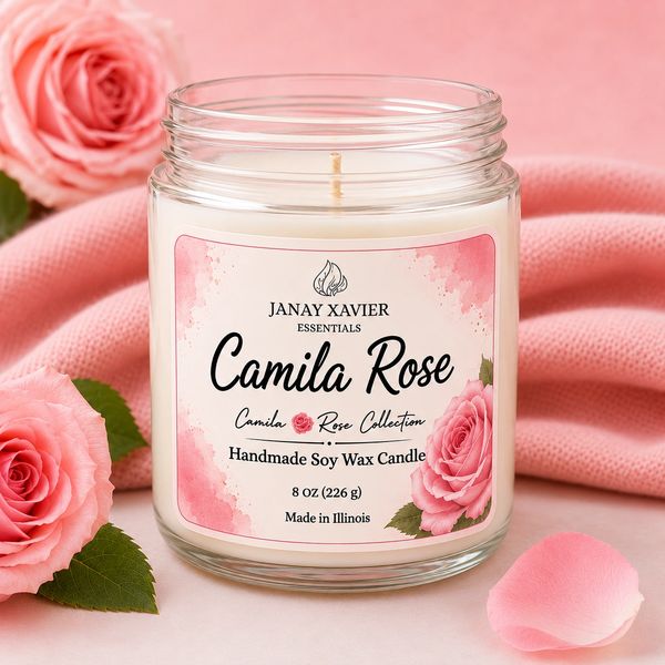 Camila Rose handmade soy wax candle with pink rose design and soft pink background.