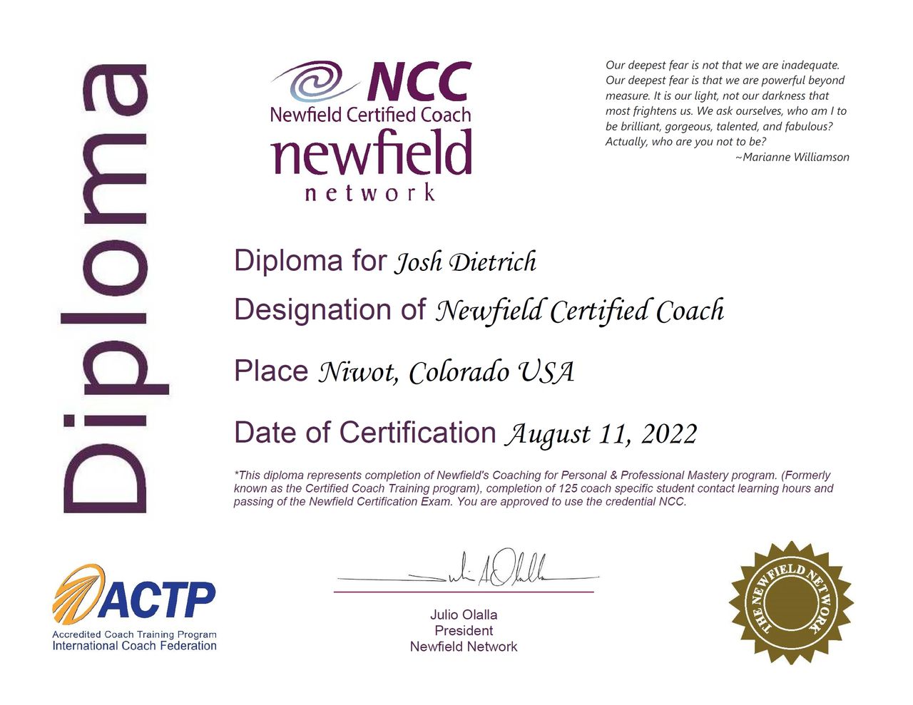 Josh's Newfield Diploma