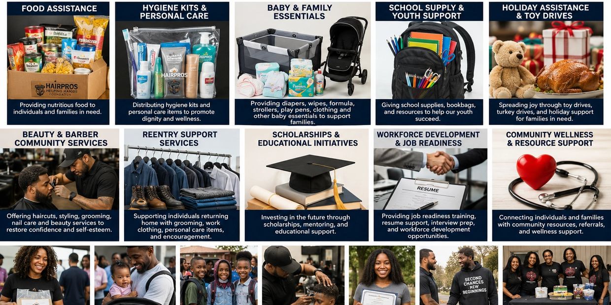 Collage showcasing community support services from food aid to job readiness and wellness.