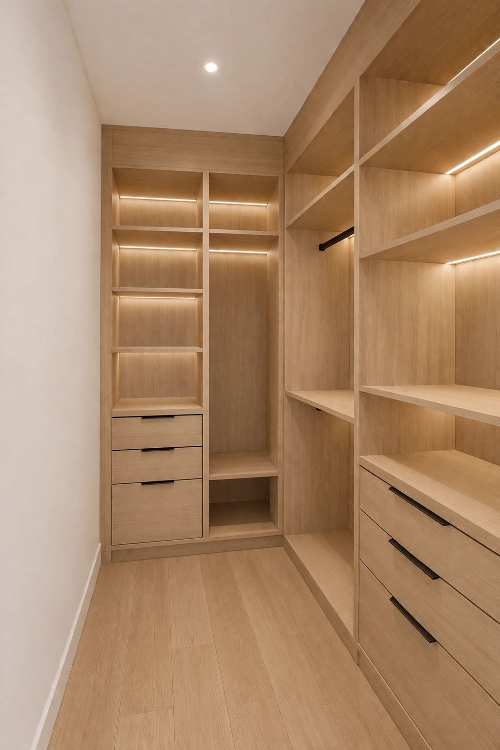 Modern wooden walk-in closet with built-in shelves and drawers.