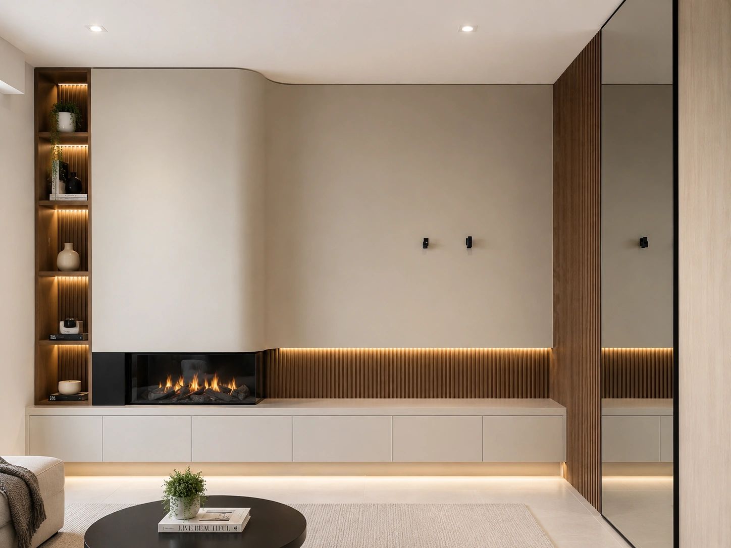Minimalist living room with fireplace and wooden shelving.