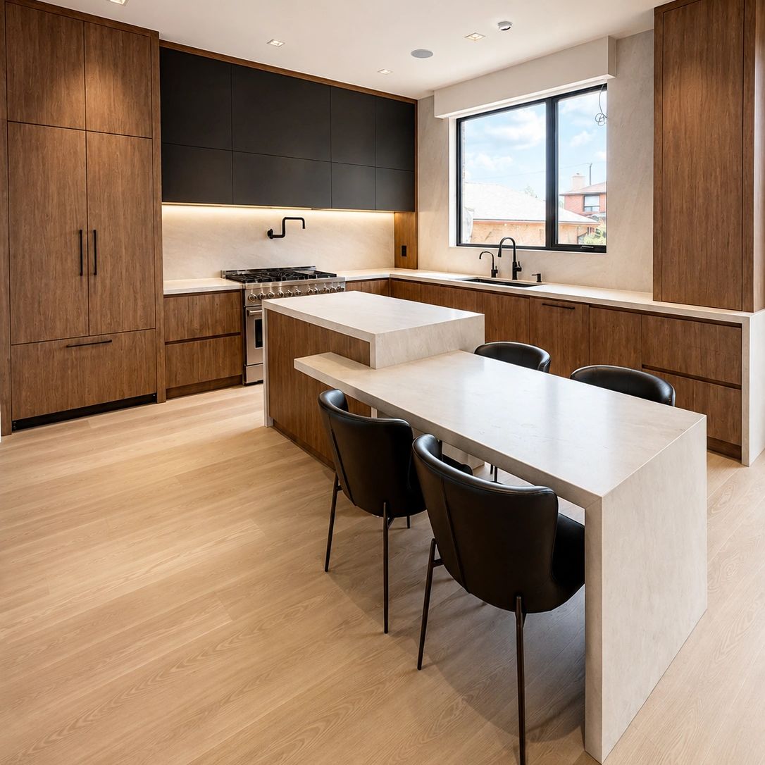 Modern kitchen with wooden cabinets and white marble island table.