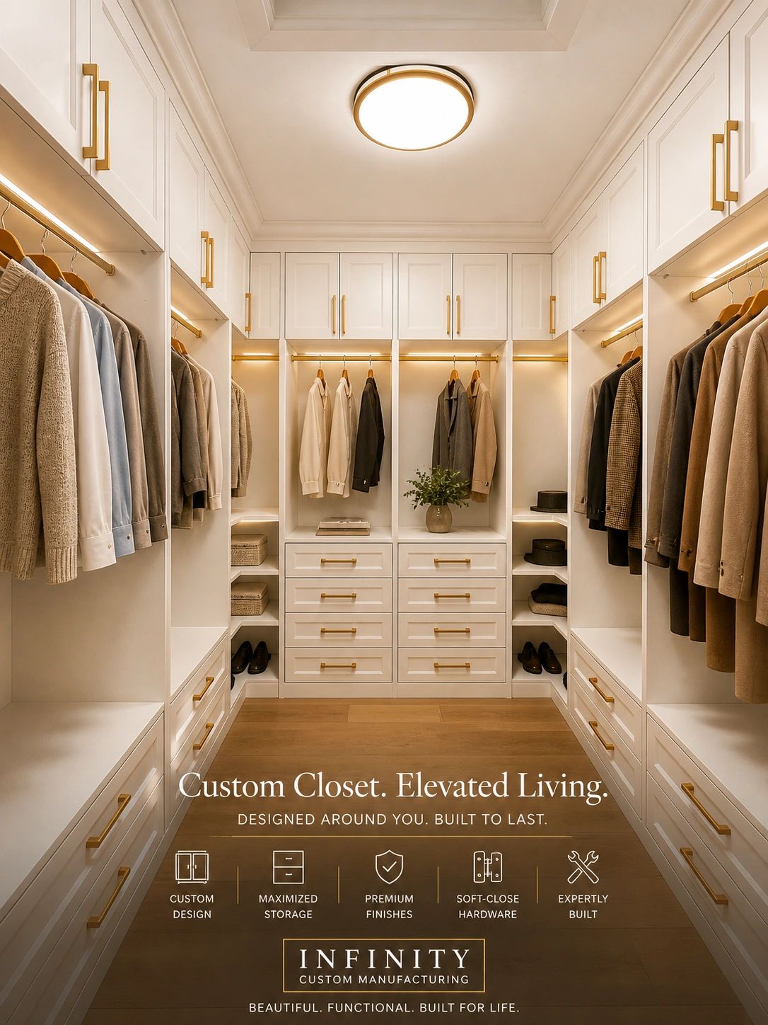 A luxurious custom walk-in closet with white cabinetry and gold hardware.
