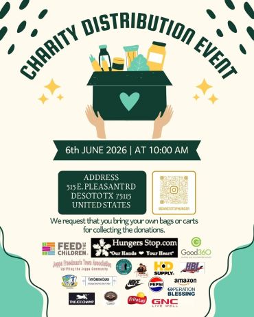 Charity distribution event on June 6, 2026, at 10:00 AM in Desoto, TX.