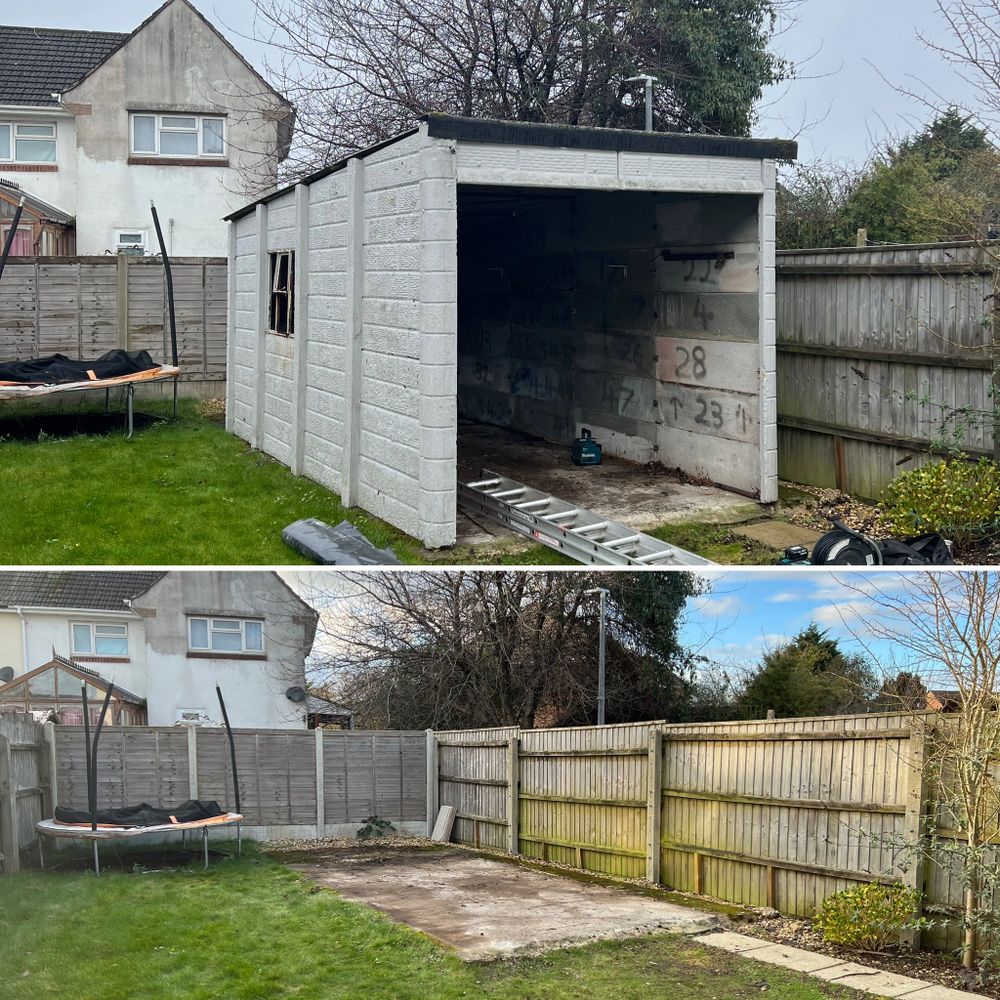 Garage demolition south, before and after photo