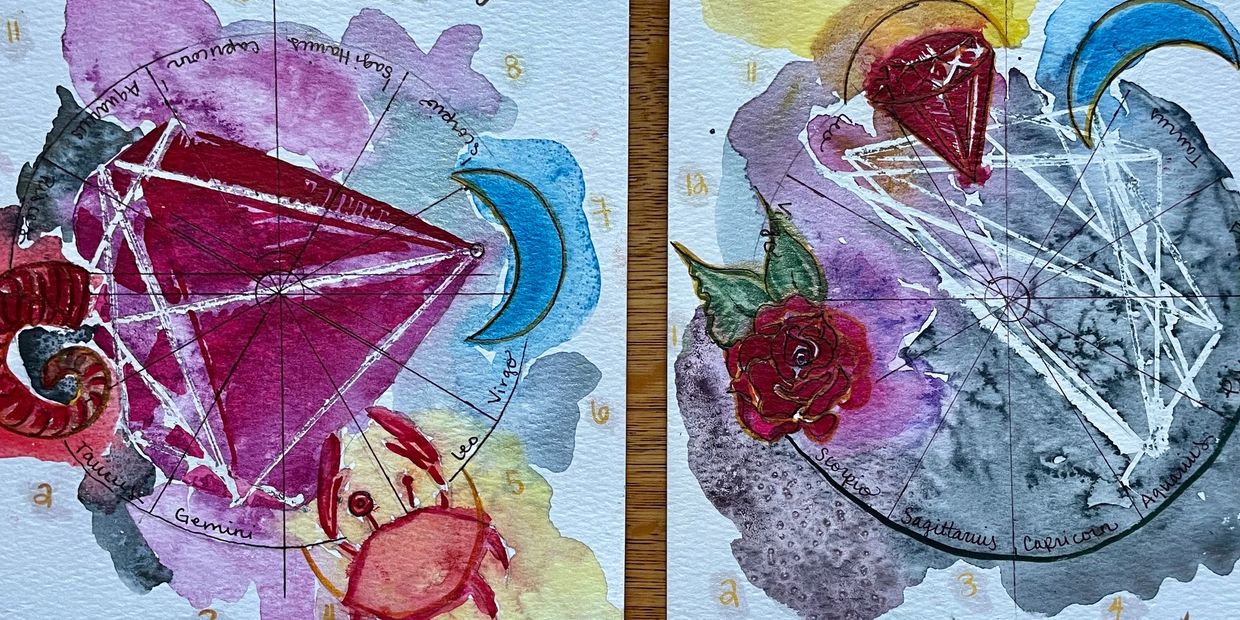 watercolor painting of stars, constellations, symbols, and archetypes