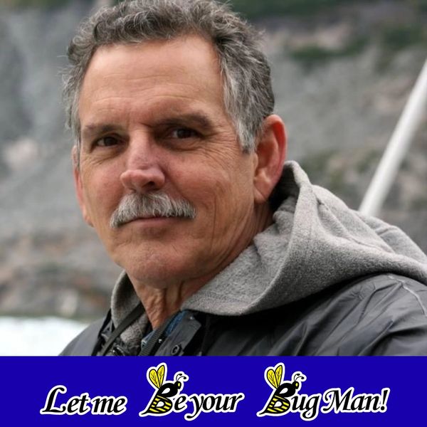 A man with a mustache smiling with text, 'Let me be your Bug Man!'