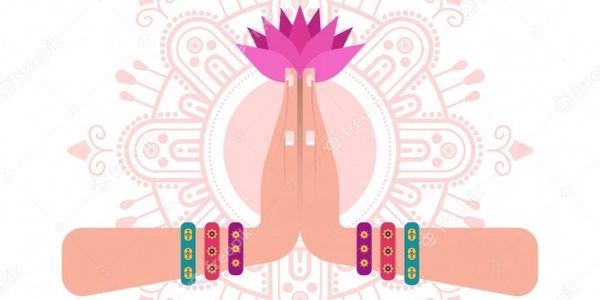 Illustration of hands in prayer pose holding a pink lotus flower with decorative bangles.