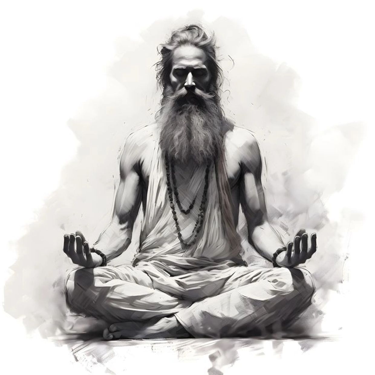 Monochrome artistic portrait of a bearded man meditating in lotus position.