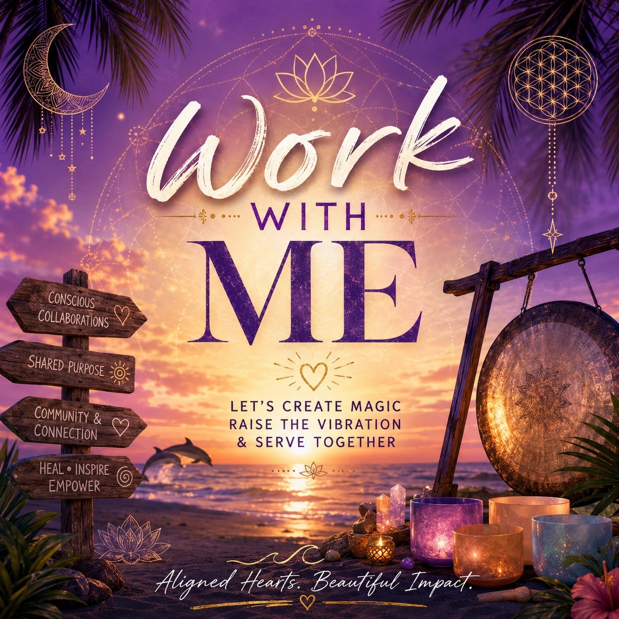 Inspirational work invitation at sunset with spiritual symbols.