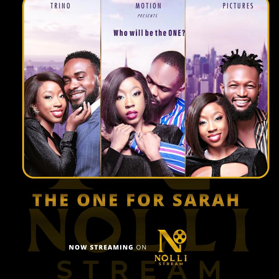 Movie poster for 'The One for Sarah' featuring a woman with three different men, now streaming on Nolli Stream.
