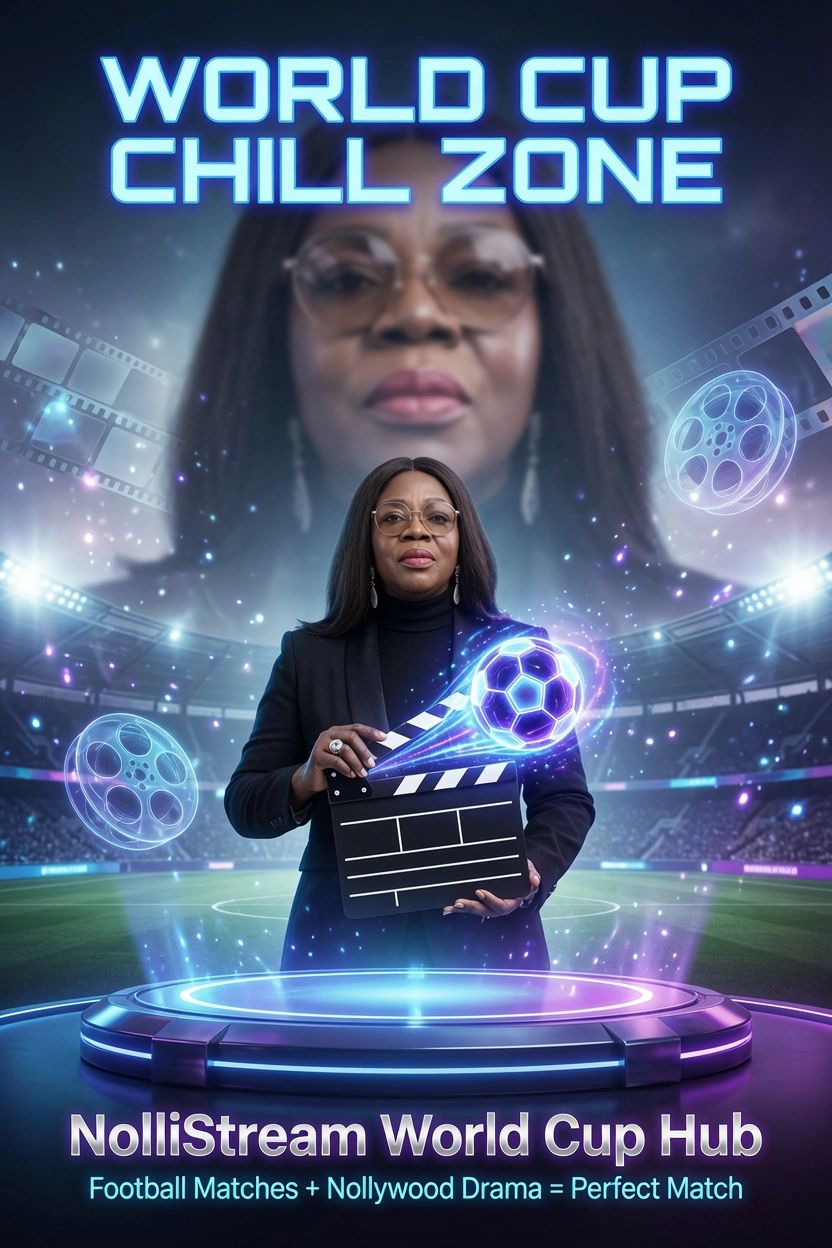 Woman holding clapperboard with glowing football in a stadium, promoting World Cup Chill Zone.