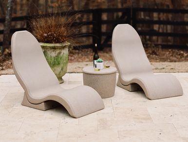 Photo of Pool Lounger, High Back Chairs in Sandstone on a pool deck.