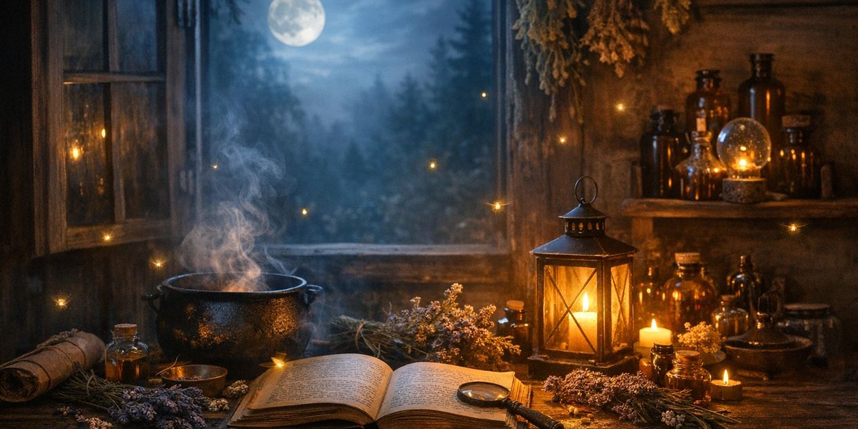 A cozy witch's potion-making scene under the full moon with candles and herbs.