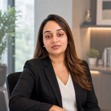 Professional woman in a black blazer sitting confidently in an office.