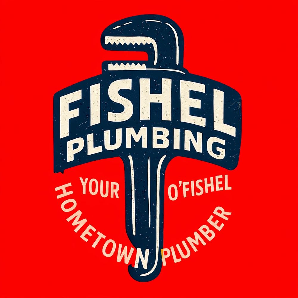 Logo of Fishel Plumbing shaped like a wrench on a red background.