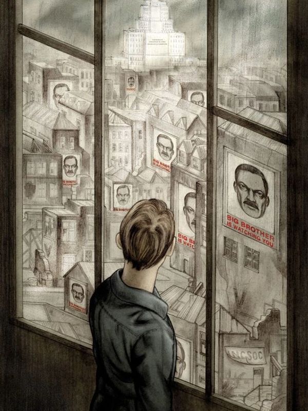 Person looking at multiple 'Big Brother is Watching You' posters.