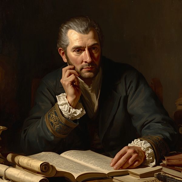 A contemplative man in historical clothing reading an open book.