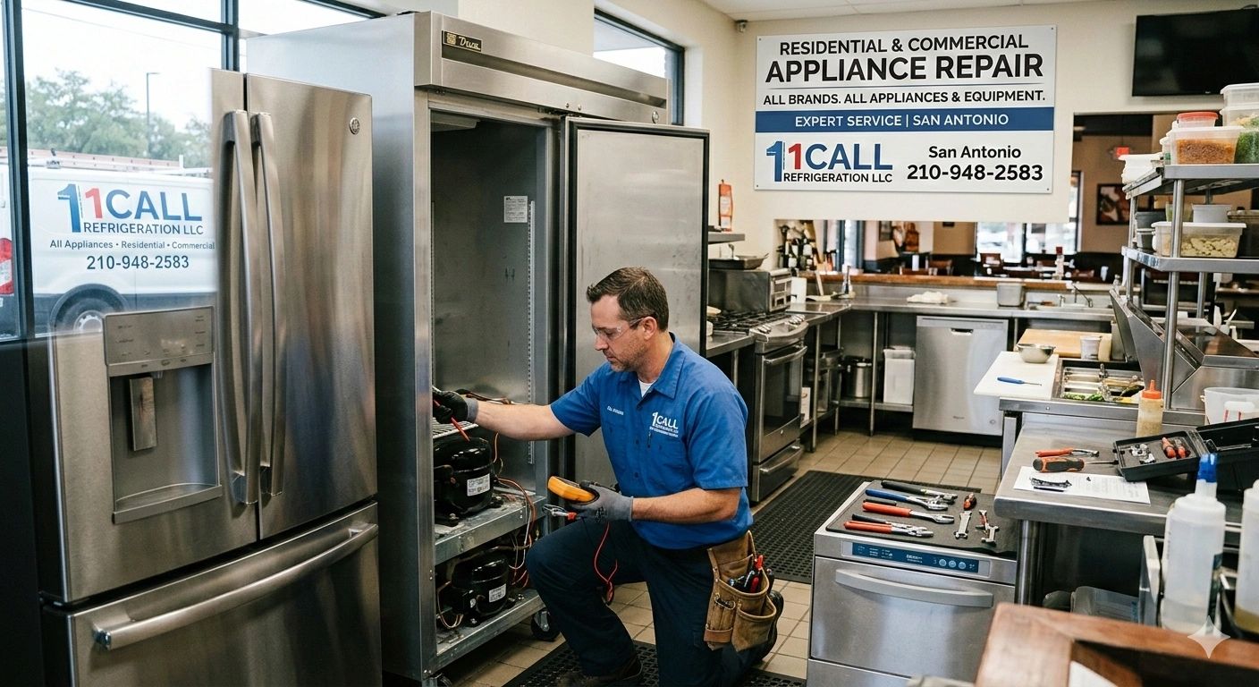 Technician repairing a commercial refrigerator in a kitchen.