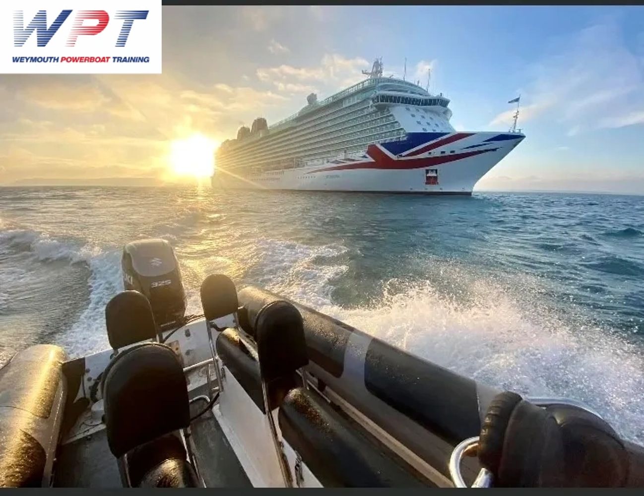 Powerboat at high speed in front of a cruise ship at sunset