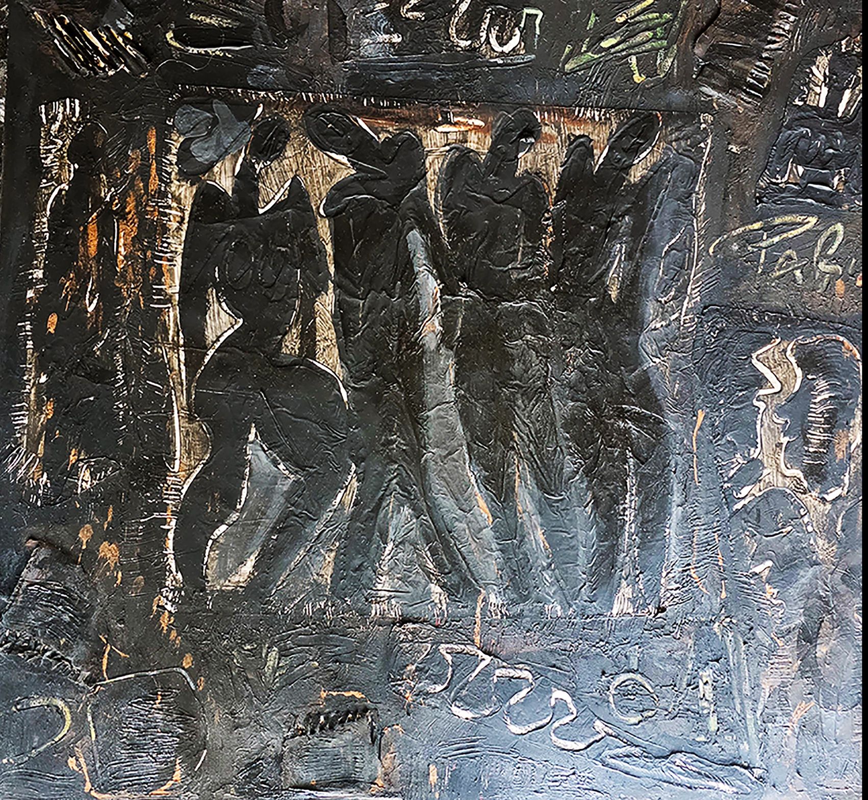 Abstract textured artwork with dark tones and carved human-like figures.