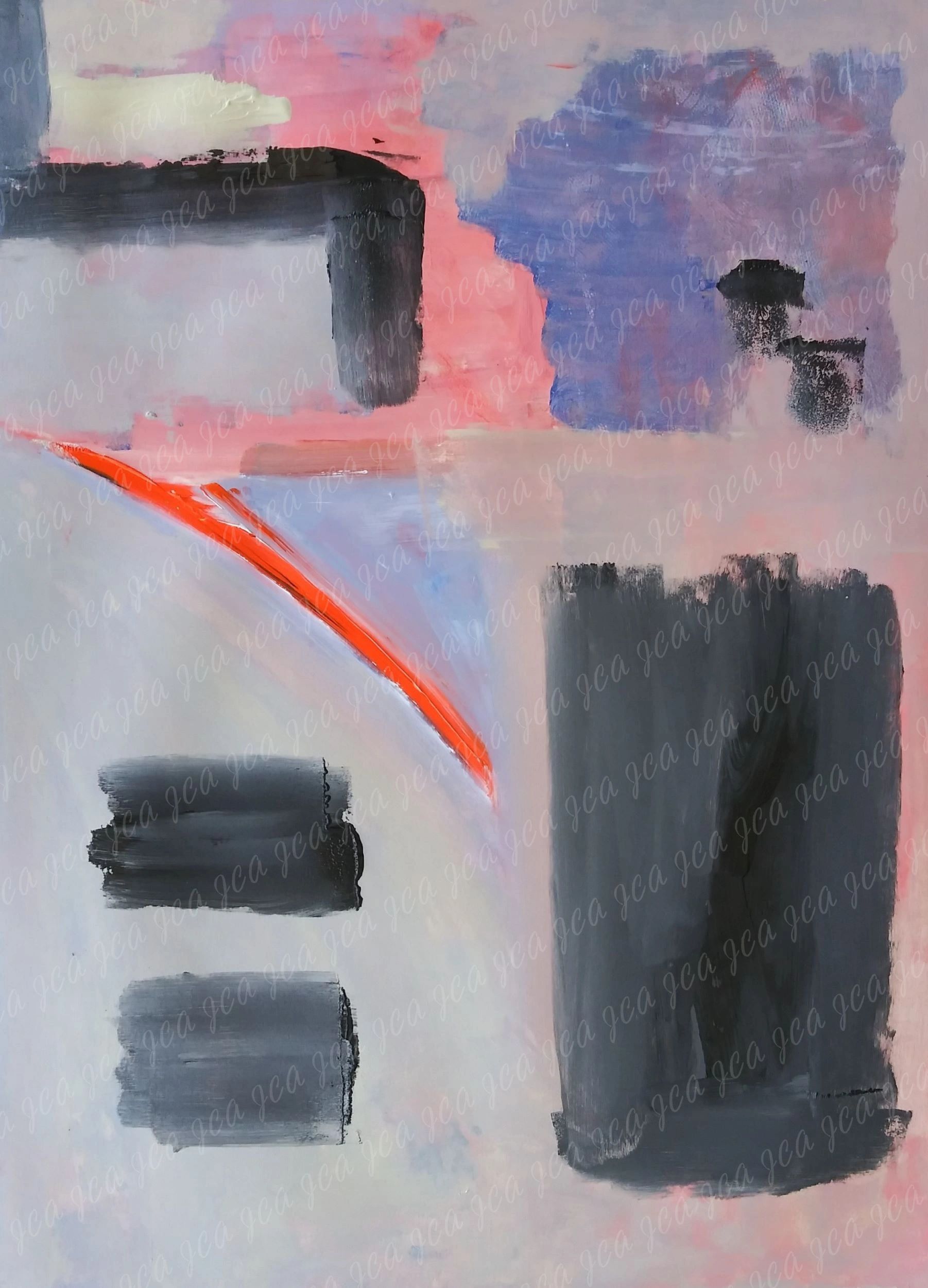 Abstract painting with pink, purple, black, and bright orange brushstrokes.