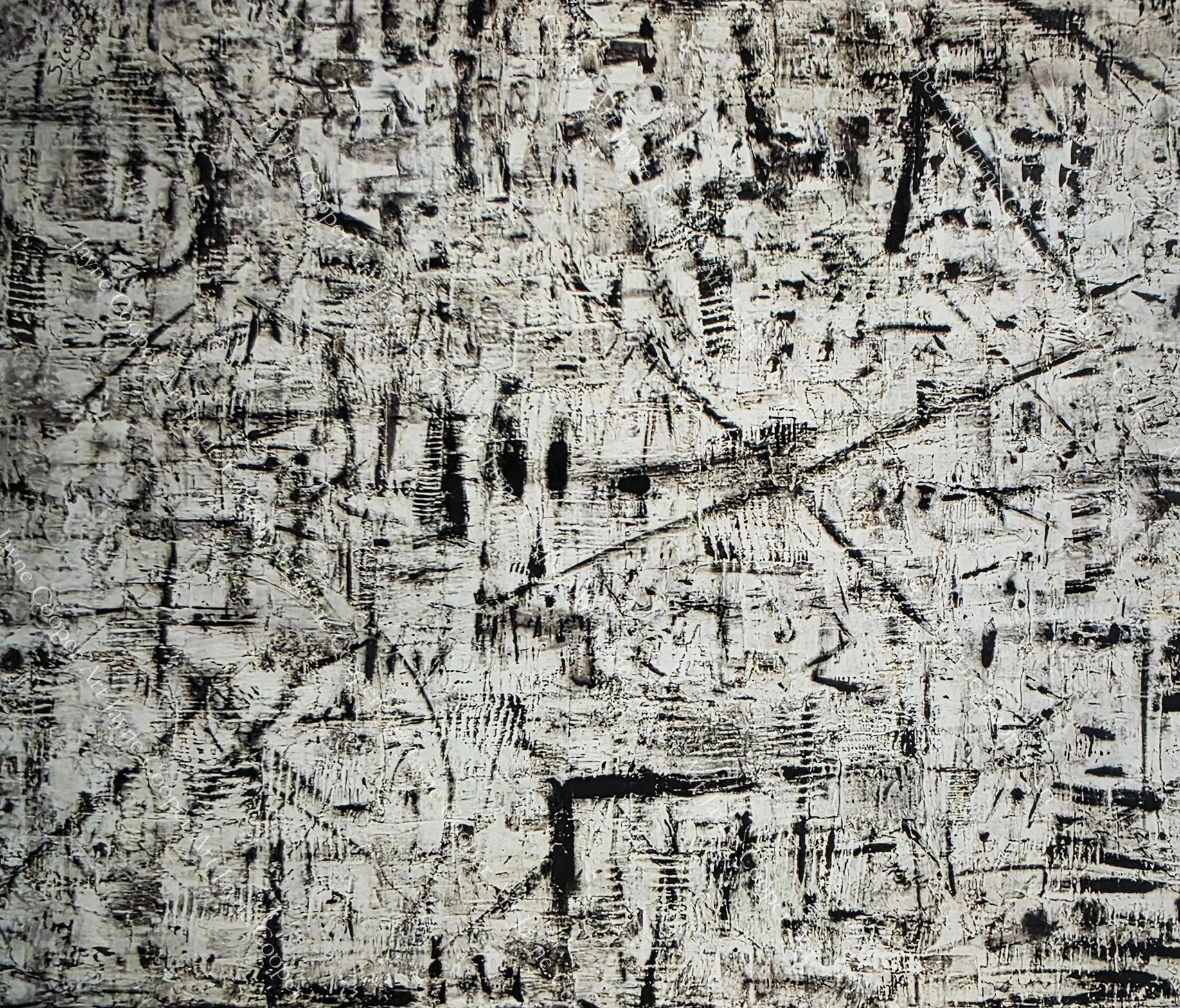 Black and white abstract textured painting with chaotic brushstrokes.