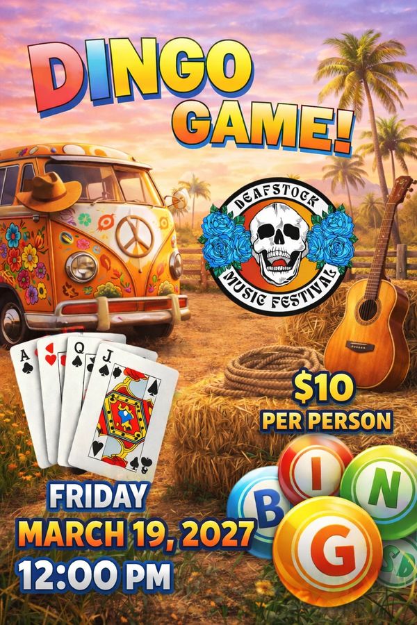 Colorful Dingo Game event poster with retro van, guitar, and playing cards, set for March 19, 2027.