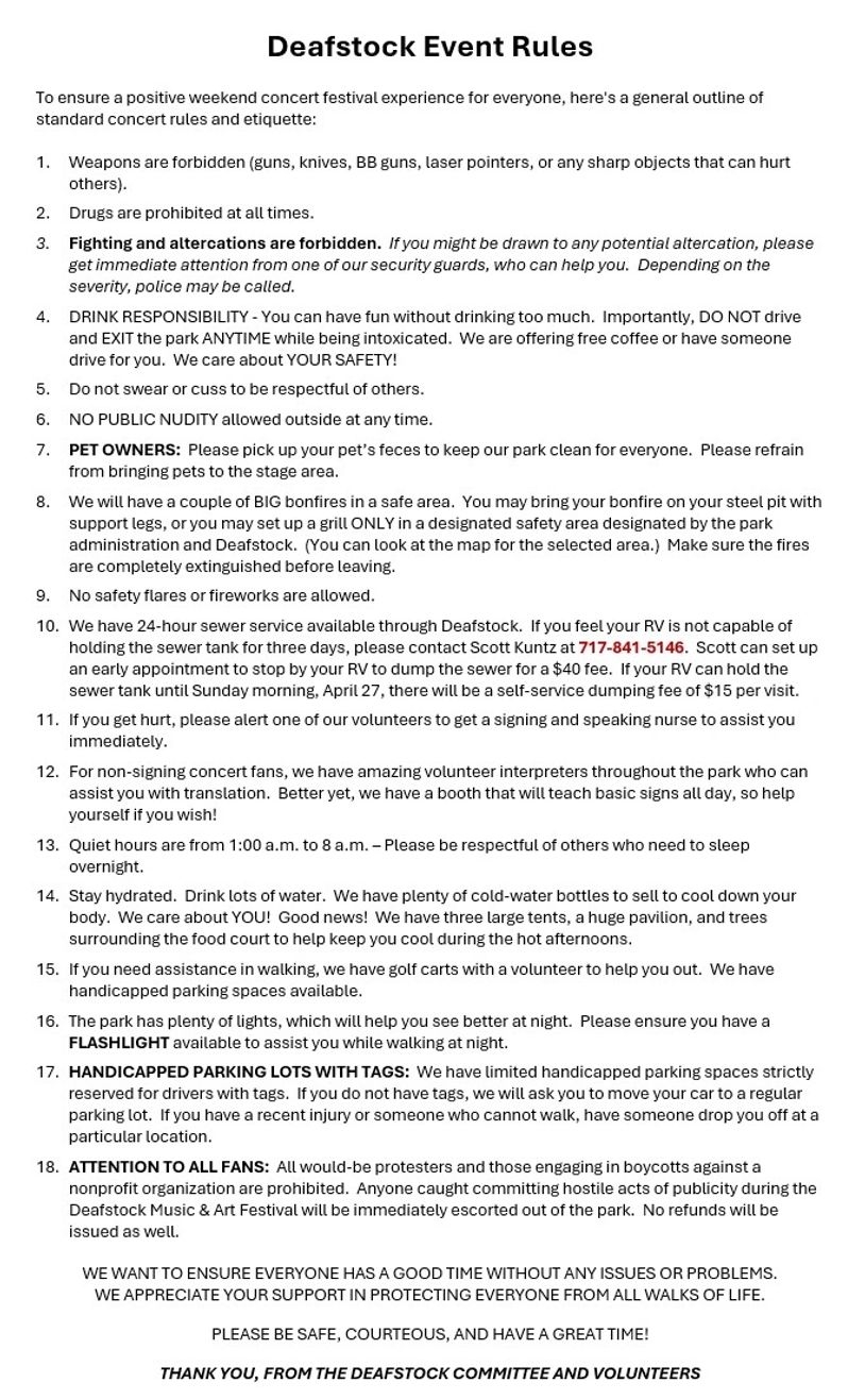 Deafstock event rules outlining safety, behavior, and facilities for a positive festival experience.
