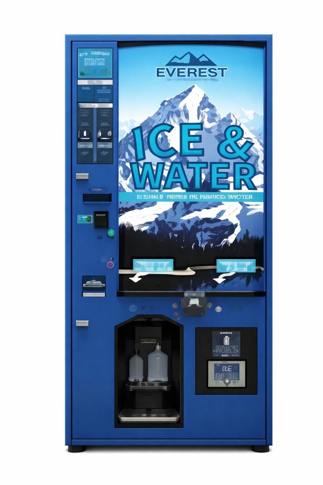 Blue vending machine dispensing ice and water with mountain imagery.