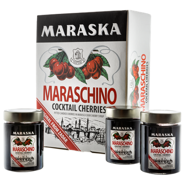 Maraska Maraschino cocktail cherries with packaging and jars.
