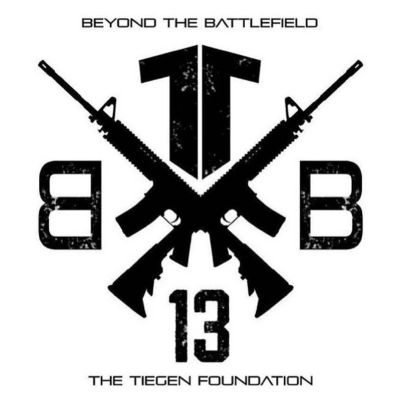 Logo with crossed rifles and text for The Tiegen Foundation.