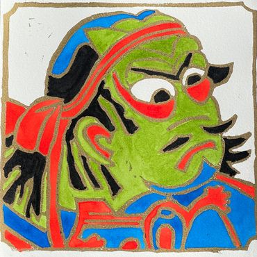 Pepe Samurai 
69 Editions 
Hand Printed and Painted 
Approx. 8"x8"