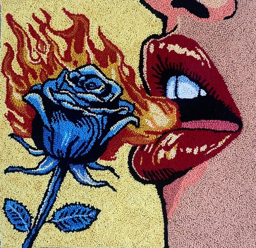 A vibrant mosaic of a blue rose on fire near red lips.