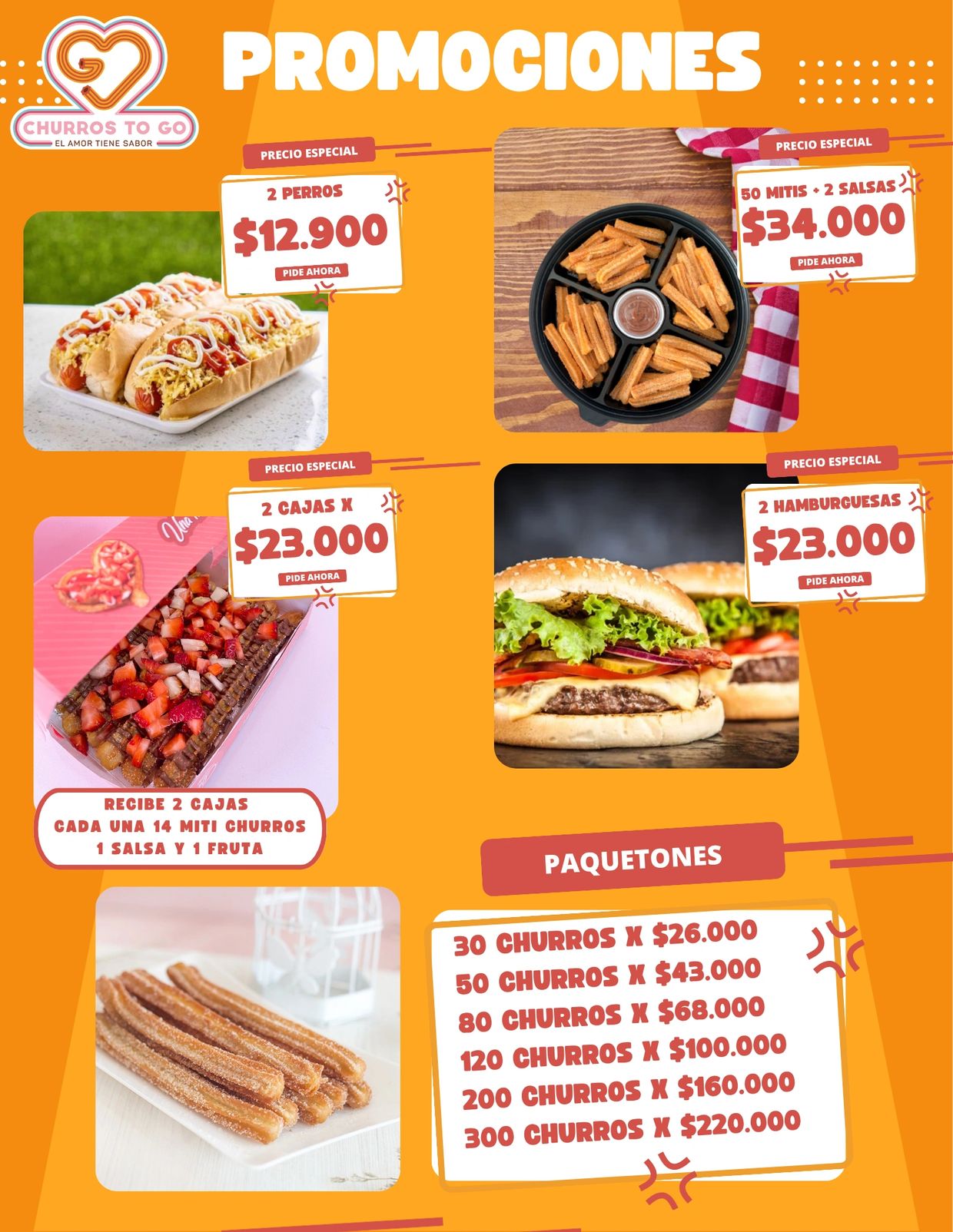 Promotions featuring hot dogs, churros, hamburgers, and combo packs with special prices.