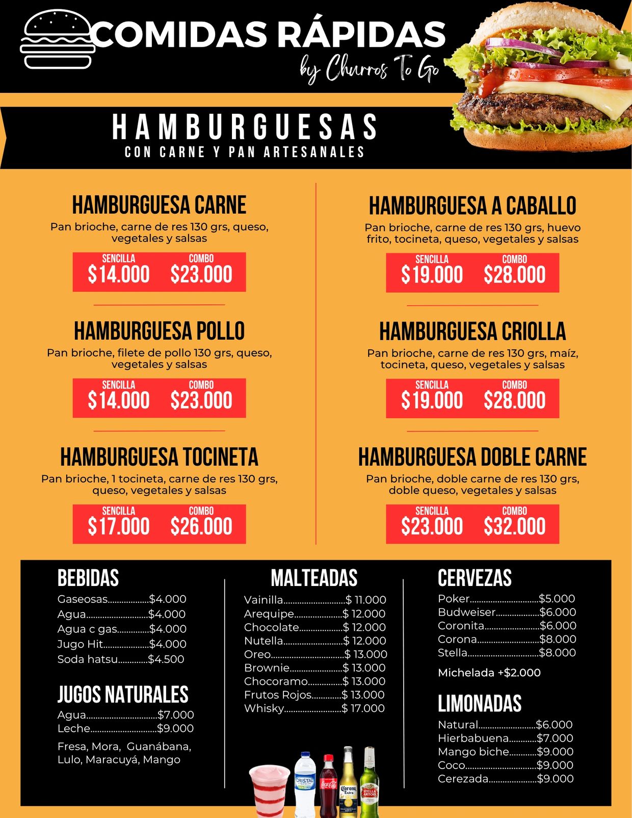 Menu of artisanal burgers, drinks, milkshakes, beers, and lemonades with prices.