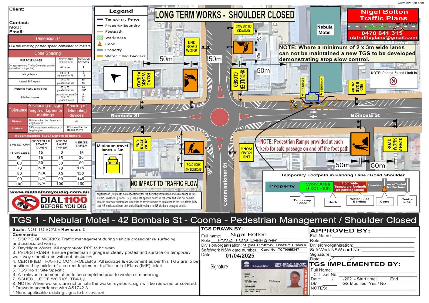 Traffic management plan for shoulder closure at Nebular Motel on Bombala St, Cooma.