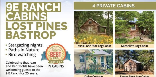 9E Ranch Cabins in Bastrop offer four private cabins with nature activities.