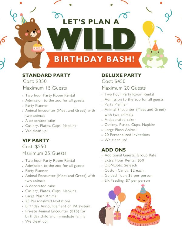 Birthday party packages with animal encounters, decorations, and add-ons for zoo celebrations.