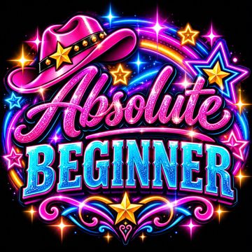Colorful neon sign saying 'Absolute Beginner' with stars and a cowboy hat.
