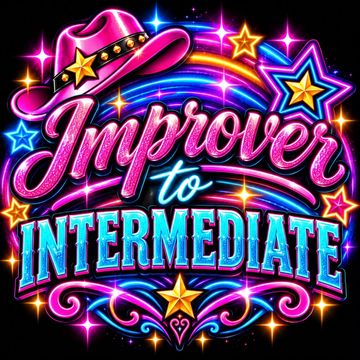 Colorful neon sign saying "Improver to Intermediate" with stars and a pink cowboy hat.