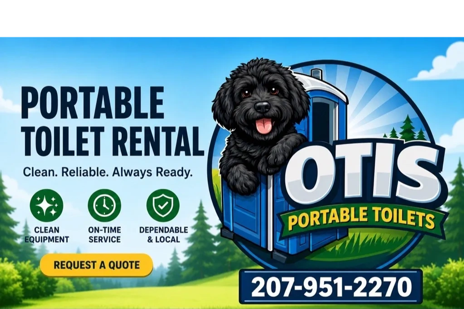Otis Portable Toilet Rental with clean, reliable service and a cute dog mascot.